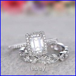 Certified 3CT Emerald Cut Moissanite Bridal Set Wedding Ring Pure 14k White Gold