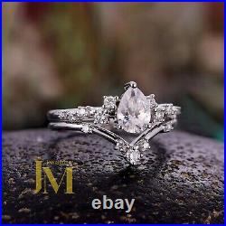 Certified Moissanite Bridal Set Engagement Ring Pure 14K White Gold 2.50 CT Pear