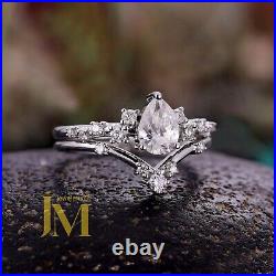 Certified Moissanite Bridal Set Engagement Ring Pure 14K White Gold 2.50 CT Pear