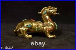 China Liao Dynasty Pure copper gold Hand Carved set Coral Turquoise beast