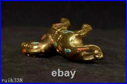China Liao Dynasty Pure copper gold Hand Carved set Coral Turquoise beast