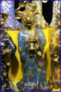 China Old palace Pure Bronze Gold Gilt cloisonne animal twelve Zodiac Statue Set
