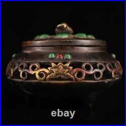 China Pure copper gilded with gold set gemstone Old jade incensory