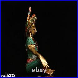 China Pure copper set gemstone Color painting Gold description Green Tara statue