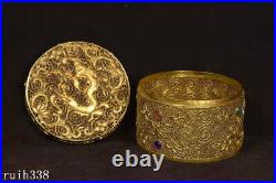 China Pure silver genuine gold Hand Carved set Gem Mythical Animals Powder box