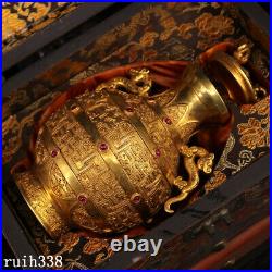 China Qing Dynasty Pure copper gilt set gemstone pot Old lacquerware box