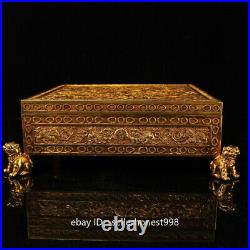 Chinese Folk Pure Copper Gold Gild Carved Foo Dog Lion chess and Box Set
