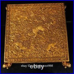 Chinese Folk Pure Copper Gold Gild Carved Foo Dog Lion chess and Box Set