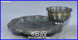 Chinese Pure Silver 24K Gold Gilt Dynasty Place Lotus Flower Cup Plate Dish Set