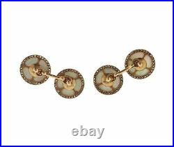 Classic Real Button Look Pure 10k Two Tone Gold With Round Shiny CZ Cufflink Set