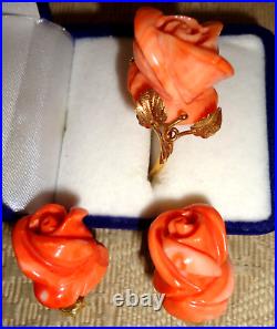 Coral Rose Ring & Earrings Set 18 K Gold- Vintage Hand Carved In Italy Perfect