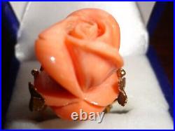 Coral Rose Ring & Earrings Set 18 K Gold- Vintage Hand Carved In Italy Perfect