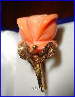 Coral Rose Ring & Earrings Set 18 K Gold- Vintage Hand Carved In Italy Perfect