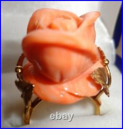 Coral Rose Ring & Earrings Set 18 K Gold- Vintage Hand Carved In Italy Perfect