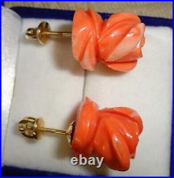 Coral Rose Ring & Earrings Set 18 K Gold- Vintage Hand Carved In Italy Perfect