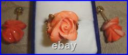 Coral Rose Ring & Earrings Set 18 K Gold- Vintage Hand Carved In Italy Perfect