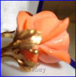 Coral Rose Ring & Earrings Set 18 K Gold- Vintage Hand Carved In Italy Perfect