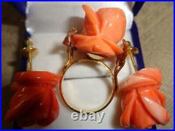 Coral Rose Ring & Earrings Set 18 K Gold- Vintage Hand Carved In Italy Perfect