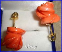 Coral Rose Ring & Earrings Set 18 K Gold- Vintage Hand Carved In Italy Perfect