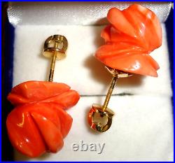 Coral Rose Ring & Earrings Set 18 K Gold- Vintage Hand Carved In Italy Perfect