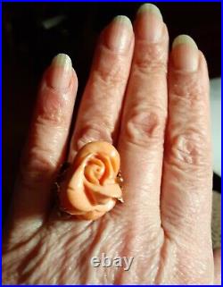 Coral Rose Ring & Earrings Set 18 K Gold- Vintage Hand Carved In Italy Perfect