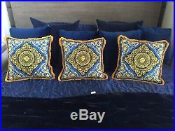 Costom Made Set Of 3 Versace Baroque Blue Gold Pillows Uplostery Velvet Perfect