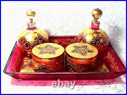 Cranberry 9 Piece Victorian Dresser Set Hand Blown & Cut, Gold, Enamel Perfect