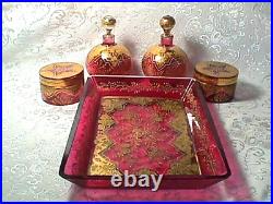 Cranberry 9 Piece Victorian Dresser Set Hand Blown & Cut, Gold, Enamel Perfect