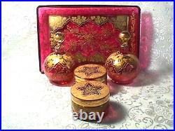 Cranberry 9 Piece Victorian Dresser Set Hand Blown & Cut, Gold, Enamel Perfect