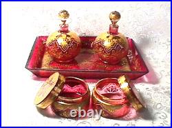 Cranberry 9 Piece Victorian Dresser Set Hand Blown & Cut, Gold, Enamel Perfect