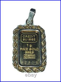 Credit Suisse Pure 24K Gold 1 Gram Bar Set in 14K Rope Design Pendant