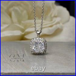 Cushion Cut 2 Carat Moissanite Halo Wedding Pendant Solid 14K White Gold For Her