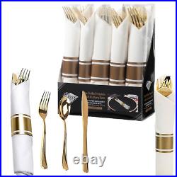 Décor Pre-Rolled Gold Cutlery & Napkin COMBO Set Perfect for Weddings, Parties