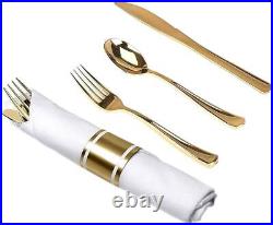 Décor Pre-Rolled Gold Cutlery & Napkin COMBO Set Perfect for Weddings, Parties