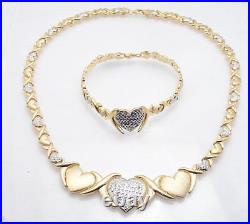 Diamond Cut Hearts & Kisses Bracelet Necklace Set 10K Two-Tone Gold Clad Silver