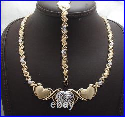 Diamond Cut Hearts & Kisses Bracelet Necklace Set 10K Two-Tone Gold Clad Silver