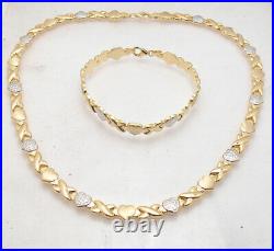 Diamond Cut Hearts Kisses Bracelet Necklace Set 10K Two-Tone Gold Plated Silver