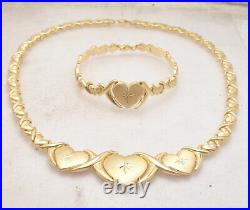 Diamond Cut Hearts & Kisses Bracelet Necklace Set 10K Yellow Gold Plated Silver