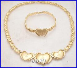 Diamond Cut Hearts & Kisses Bracelet Necklace Set 10K Yellow Gold Plated Silver