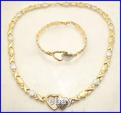 Diamond Cut Hearts & Kisses Bracelet Necklace Set 14K TwoTone Gold Plated Silver