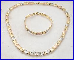 Diamond Cut Hug Kisses XOXO Bracelet Necklace Set 10K Tricolor Gold Clad Silver