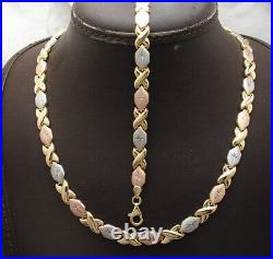 Diamond Cut Hug Kisses XOXO Bracelet Necklace Set 10K Tricolor Gold Clad Silver