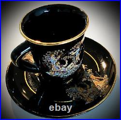 ESPRESSO / COFFEE SET Black wh Dionysos Aylets 24K Gold Trimmed Perfect Condit