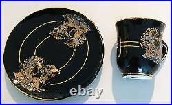 ESPRESSO / COFFEE SET Black wh Dionysos Aylets 24K Gold Trimmed Perfect Condit