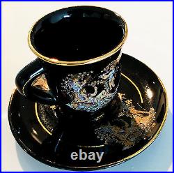 ESPRESSO / COFFEE SET Black wh Dionysos Aylets 24K Gold Trimmed Perfect Condit