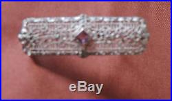 Edwardian Bar Pin Brooch Filigree Perfect for Scarf 14K White Gold Stone Set