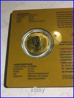Elizabeth 2007 PROOF Royal Canadian Mint, 99999 Pure Gold Coin 1oz BU Certified