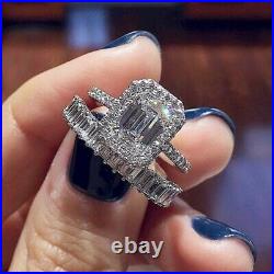 Emerald Cut 2Pcs/Set Bridal Ring Set Simulated Diamond Birthday Gift Pure Silver
