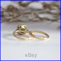 Emerald Engagement Ring Diamond Wedding Band Bridal Set 10K Pure Yellow Gold