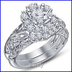 Engagement Bridal Ring Set 0.90ct Round Diamond 14k White Gold Over Pure Silver